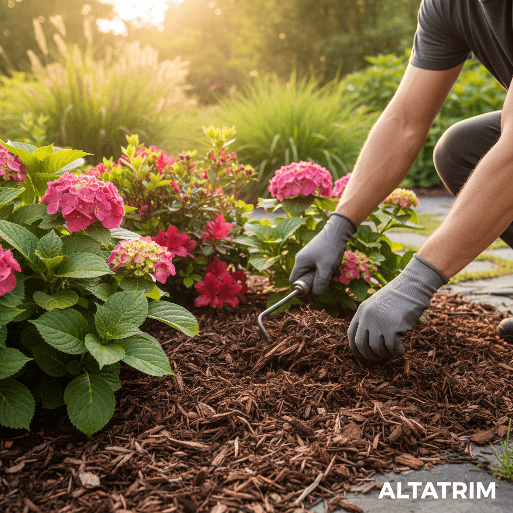 Landscaper's hands spreading dark mulch around flowering shrubs in residential garden bed during morning sunlight