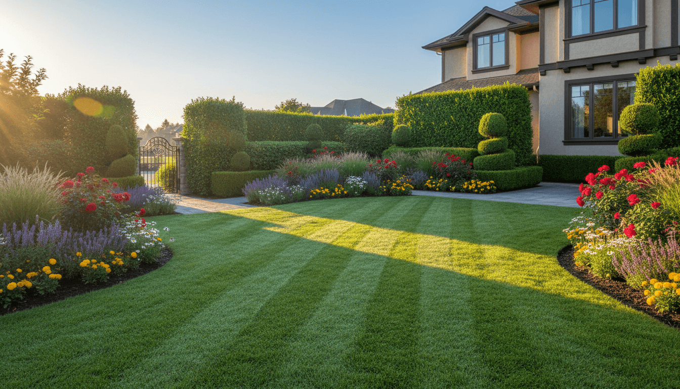 Professionally maintained residential lawn with lush green grass and landscaped garden beds