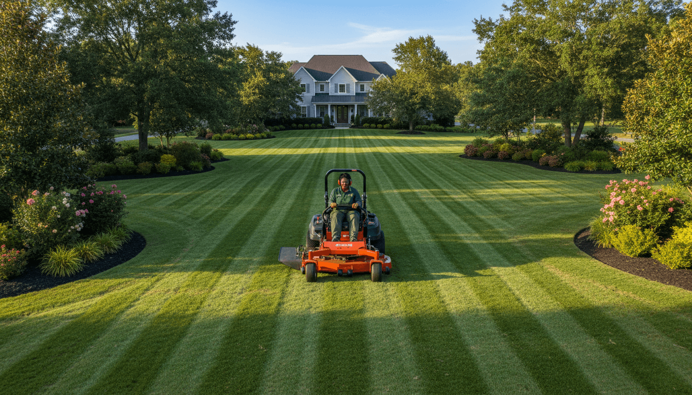 Professional landscaper operating zero-turn mower across residential lawn creating precise parallel mowing lines