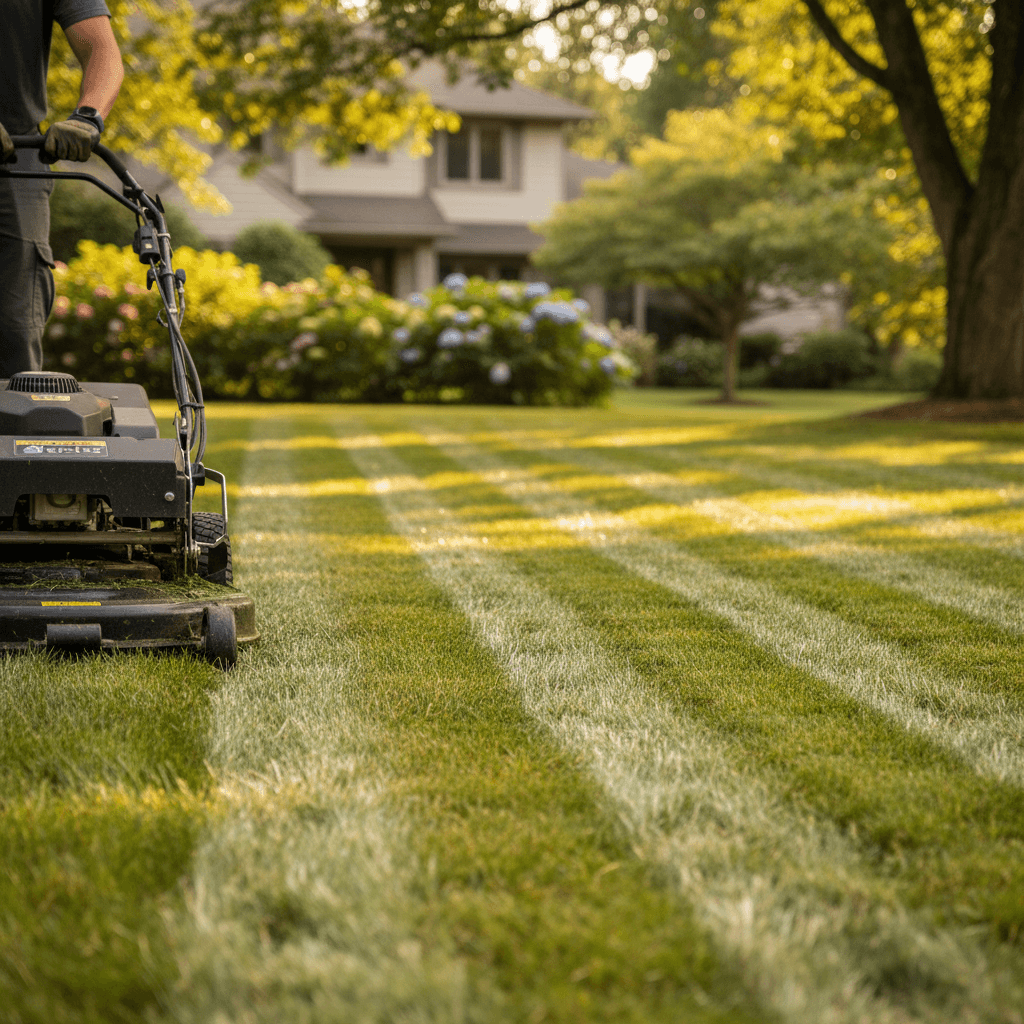 Landscape technician operating professional lawn mower across healthy green residential lawn with precise cutting lines