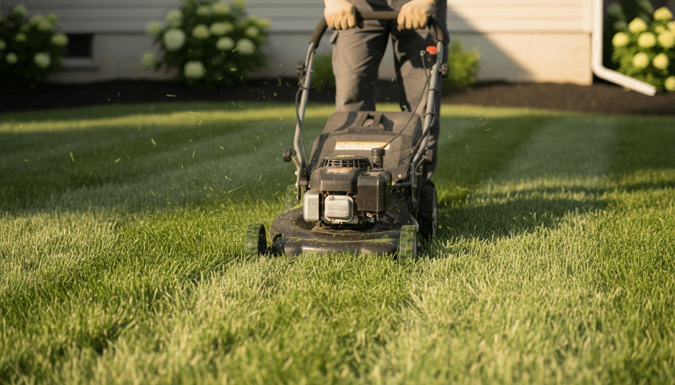 Professional landscaper mowing a pristine residential lawn in bright daylight