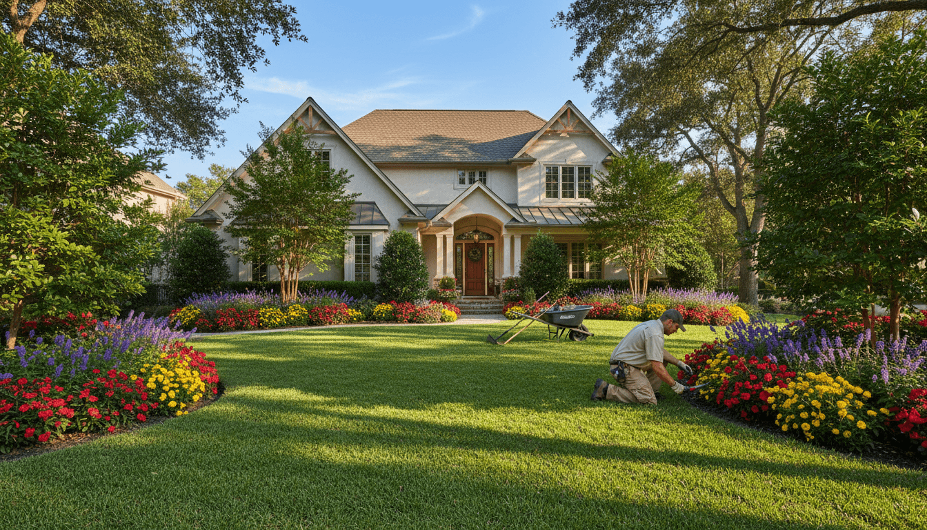 Beautifully maintained residential lawn and garden landscape