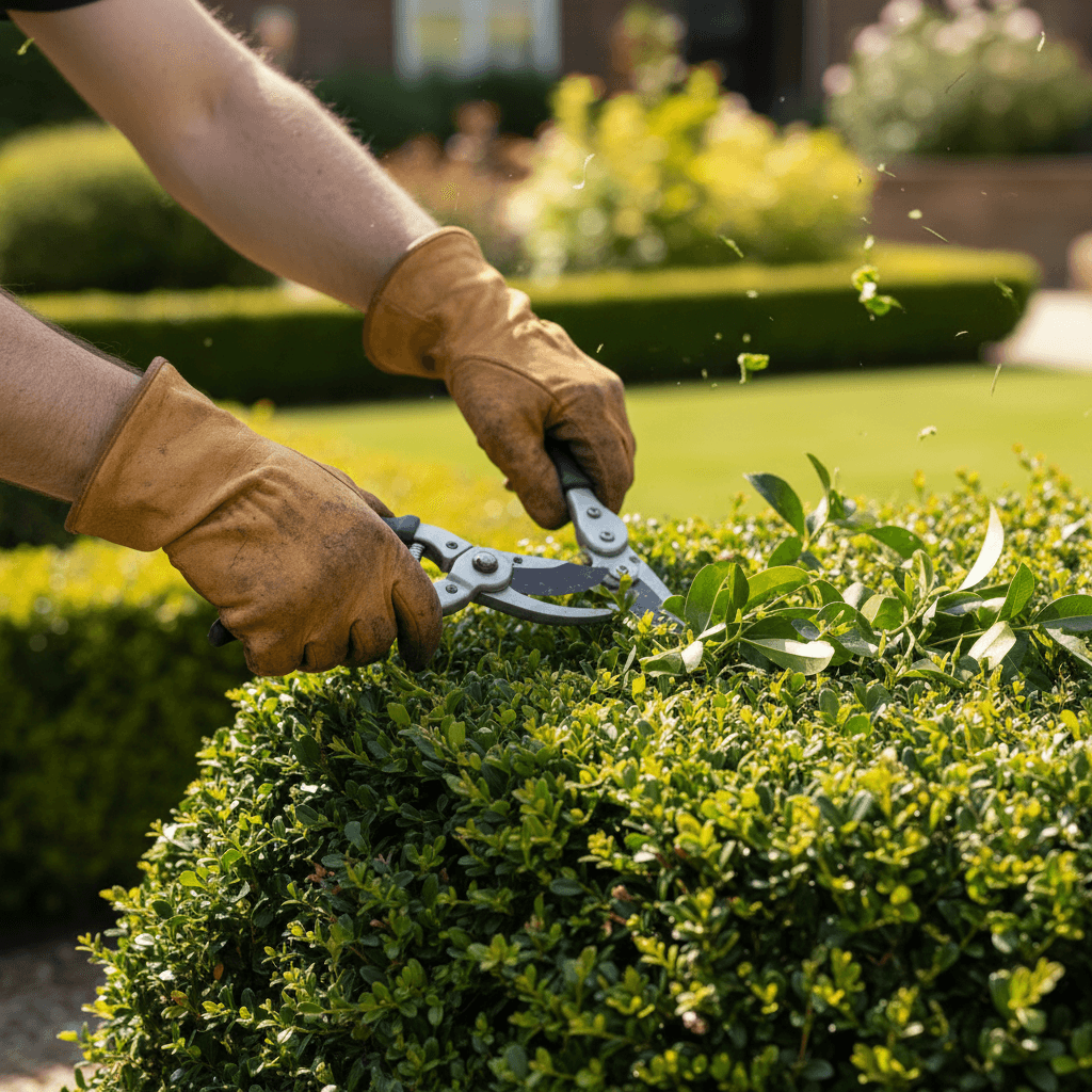 Landscaper's hands carefully trimming green hedge with professional pruning shears in bright sunlight